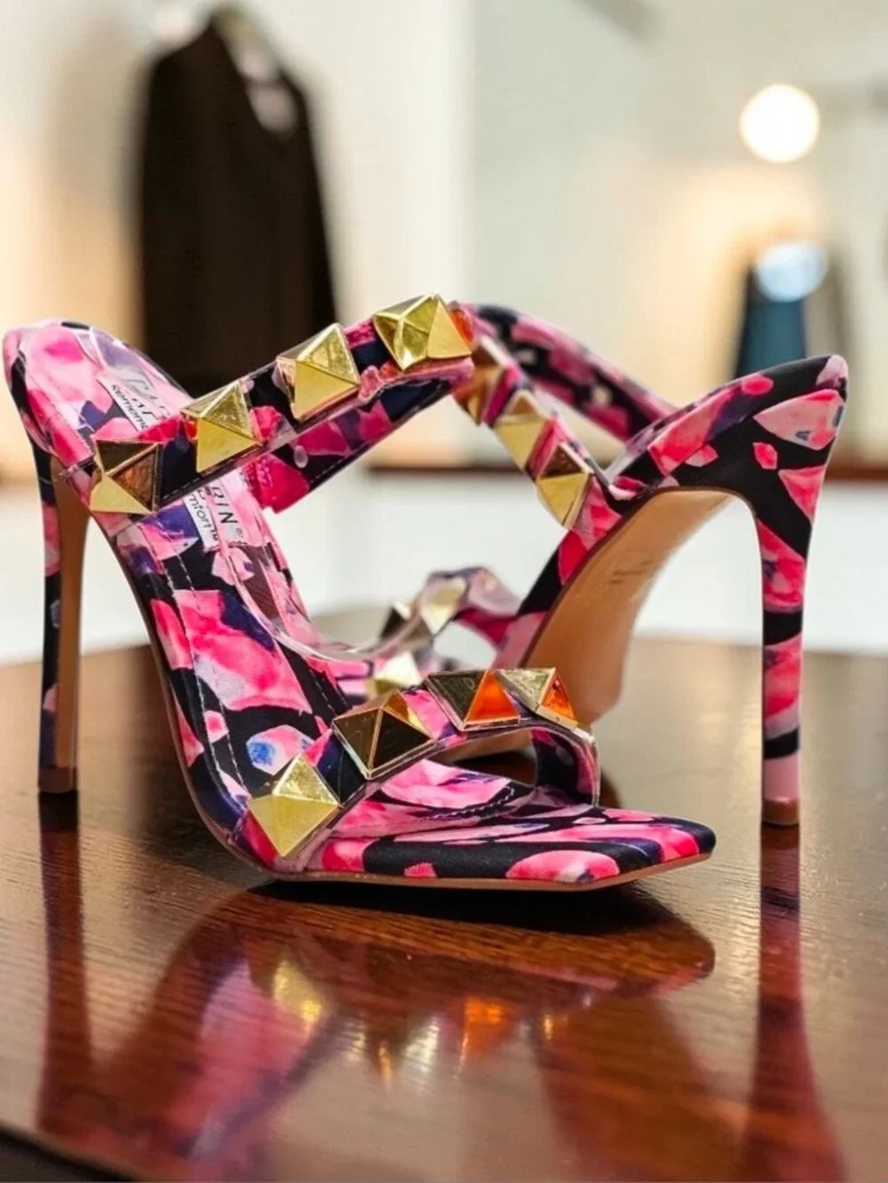 Pink & Gold Studded High Heel Sandals With Floral Pattern Open Toe Stiletto Heel - Picture 3 of 13
